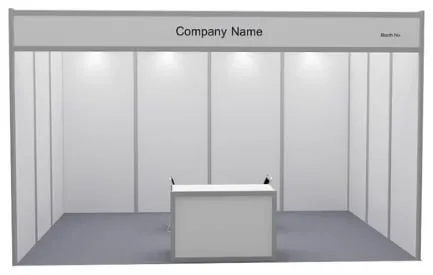 12 m² standart stant, önden görünüm, 3 × 4 m: alın panosu, tezgâh ve sandalyeler