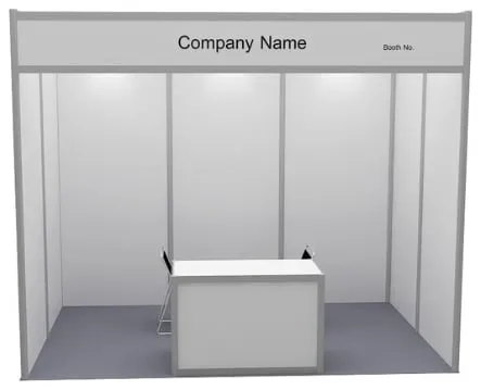 6 m² standart stant, önden görünüm, 2 × 3 m: alın panosu, tezgâh ve sandalyeler