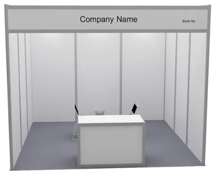 9 m² standart stant, önden görünüm, 3 × 3 m: alın panosu, tezgâh ve sandalyeler